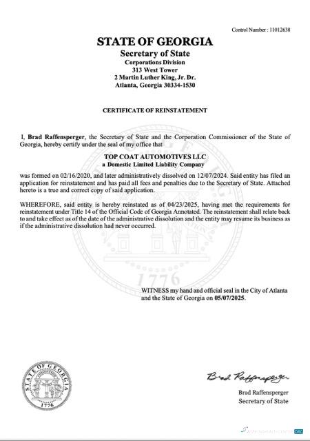 Download USA Georgia certificate of reinstatement Word and PDF template Photoshop template